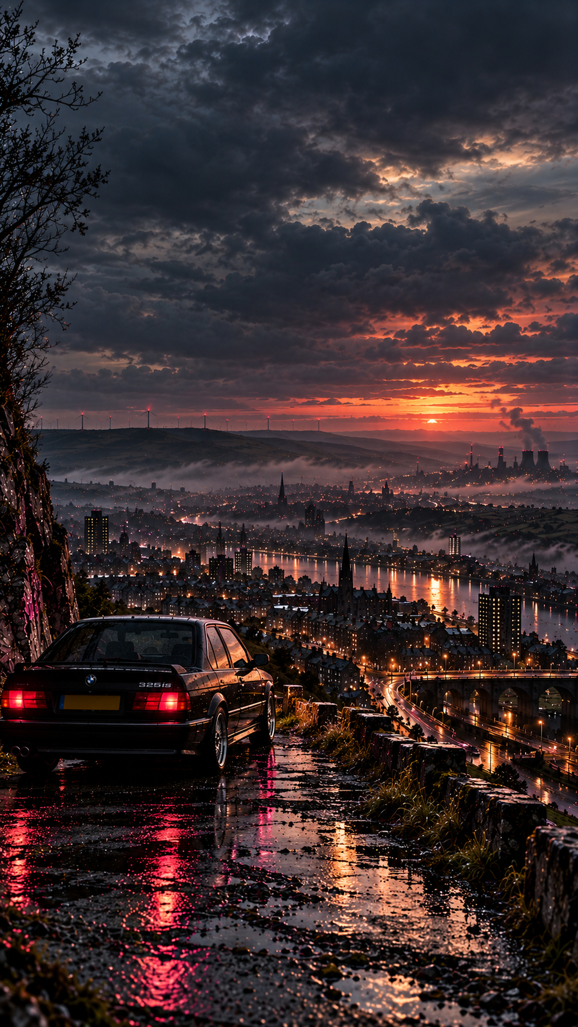 BMW overlooking a rain-soaked city at sunset, portrait artwork