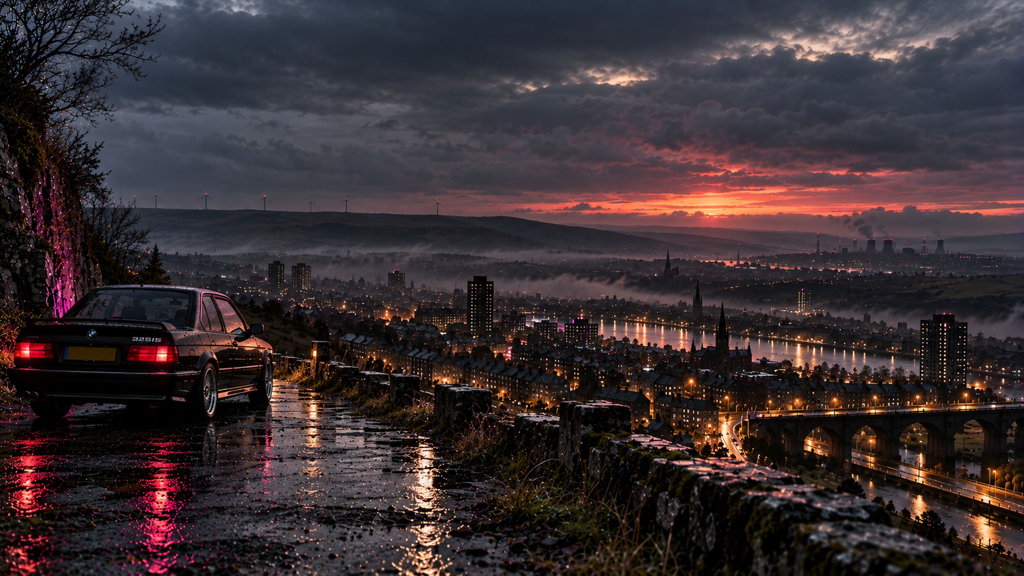 BMW overlooking a rain-soaked city at sunset, widescreen artwork