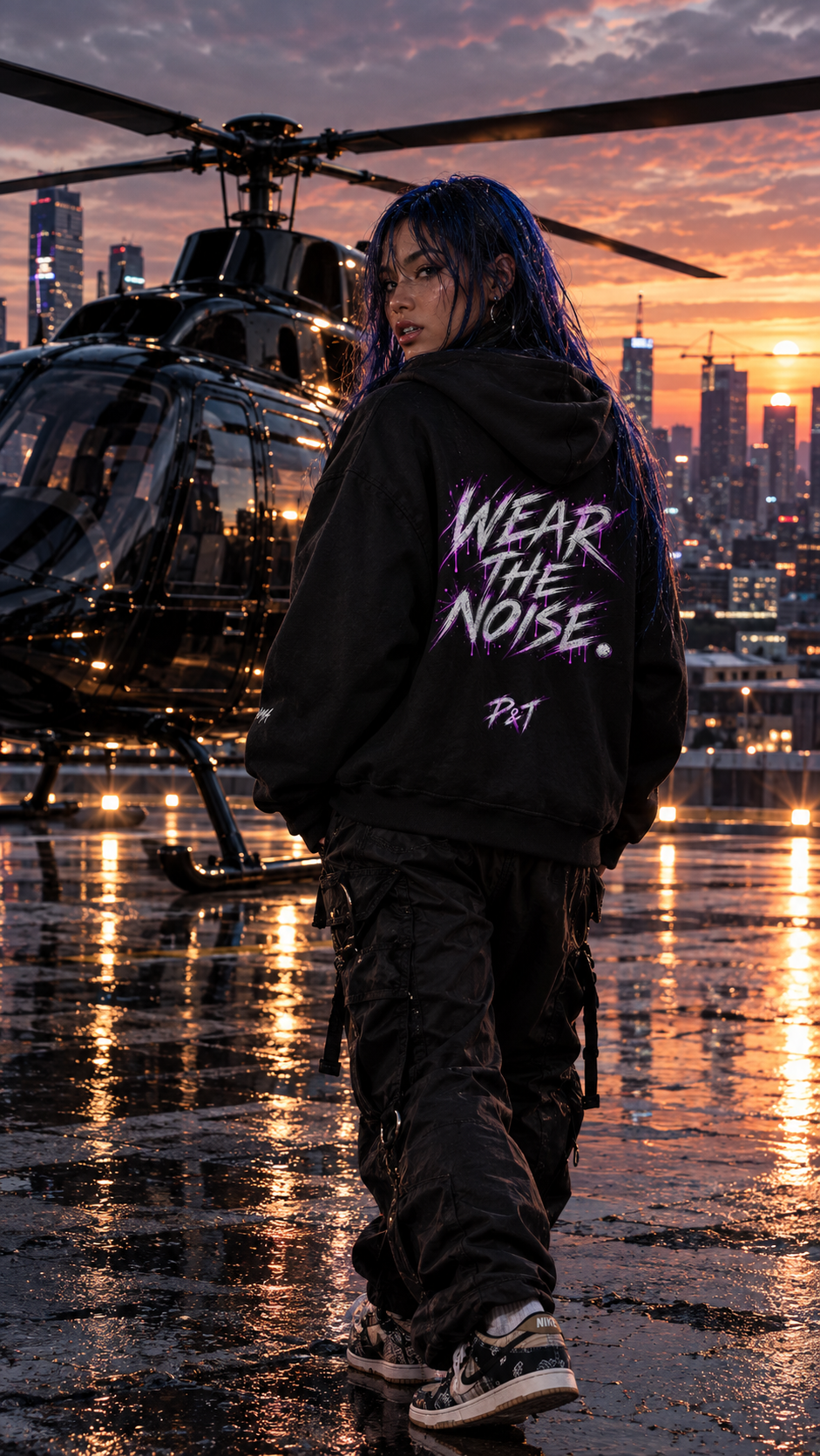 Indy on a rooftop helipad at sunset wearing the P&T WEAR THE NOISE hoodie, portrait