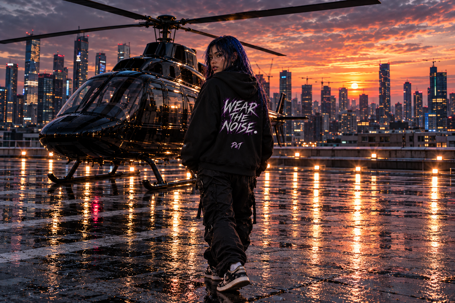 Indy on a rooftop helipad at sunset wearing the P&T WEAR THE NOISE hoodie
