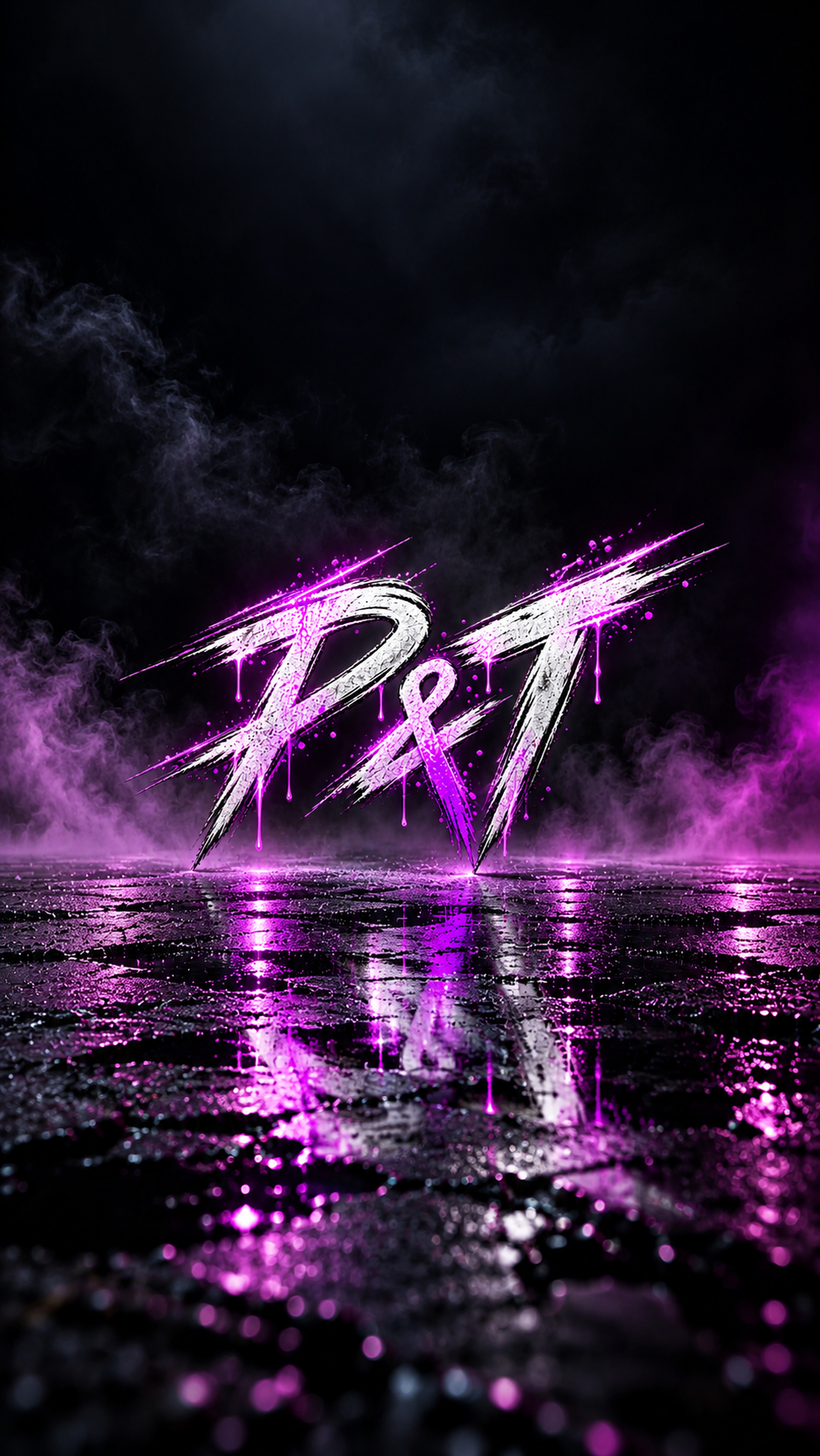 Pain and Trauma graffiti logo reflected across wet ground, portrait artwork