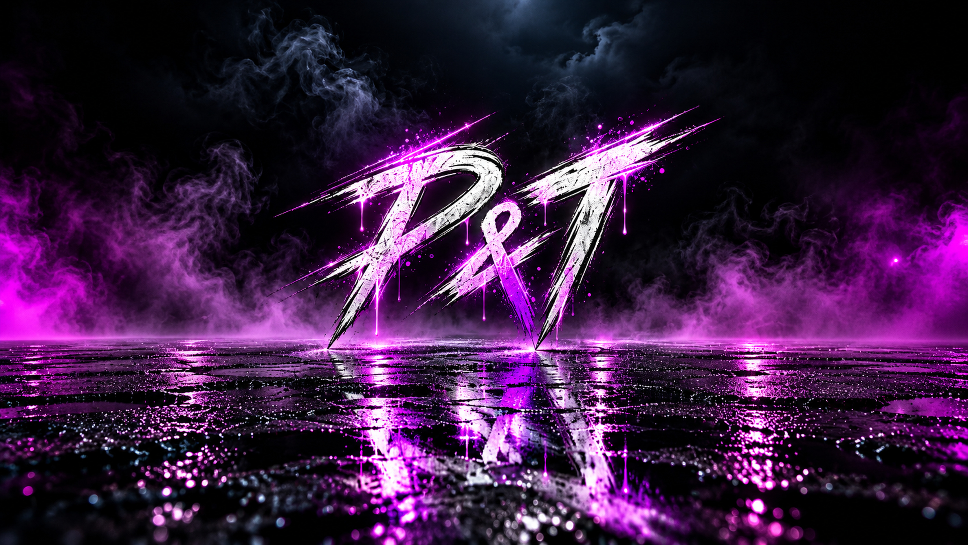 Pain and Trauma graffiti logo reflected across wet ground, widescreen artwork