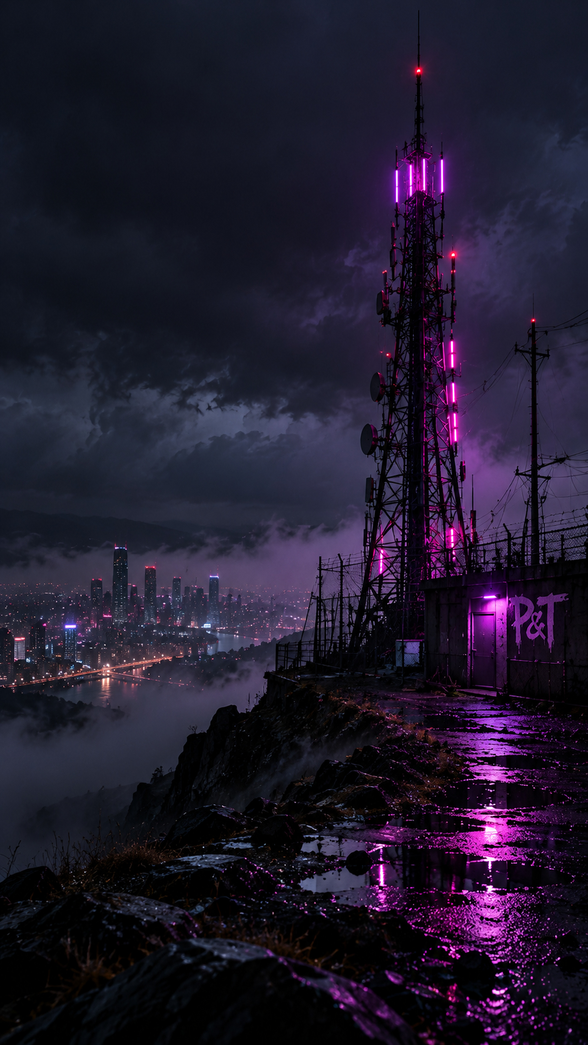 Neon radar station above the city during a storm, portrait artwork