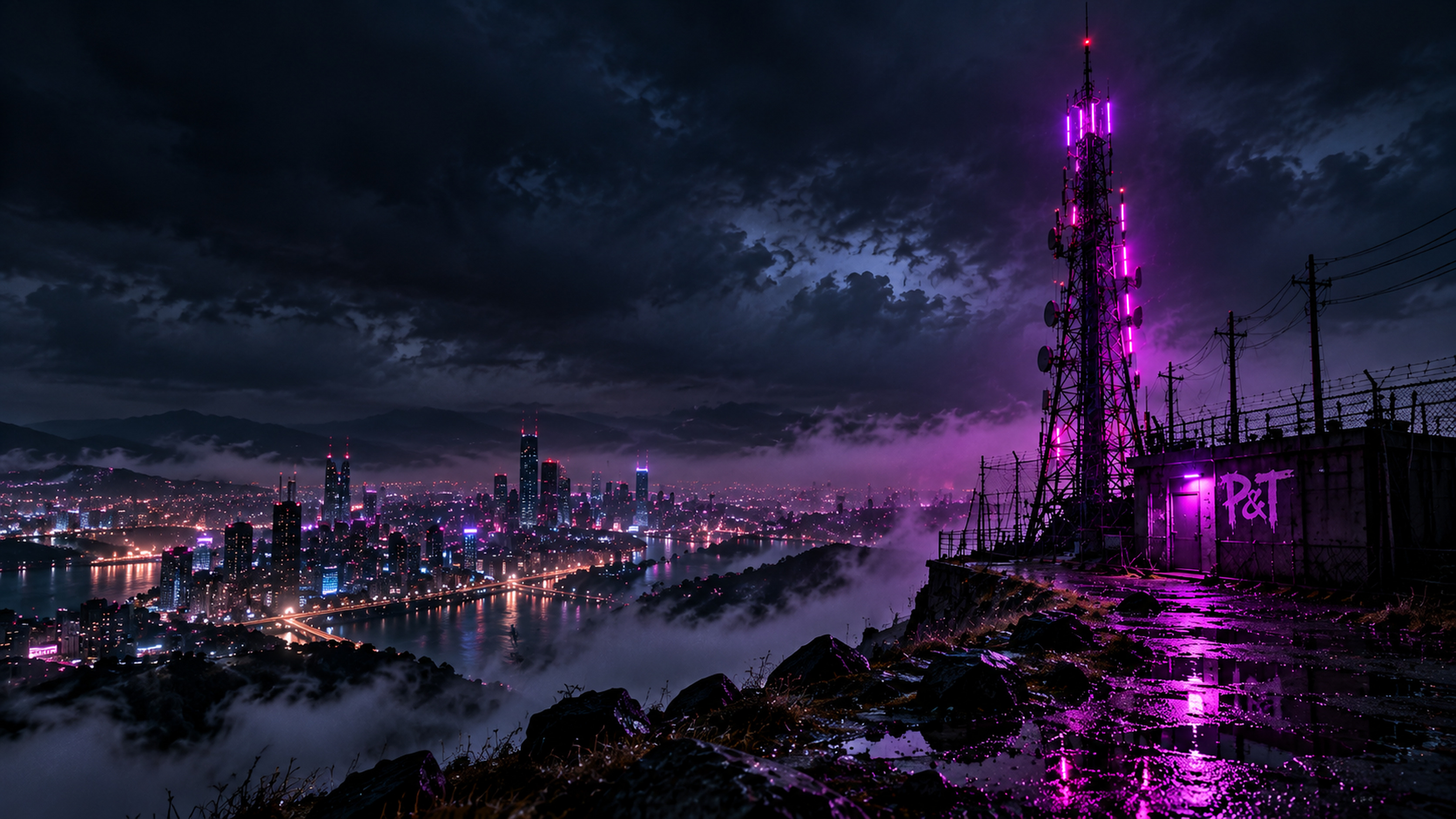 Neon radar station above the city during a storm, widescreen artwork