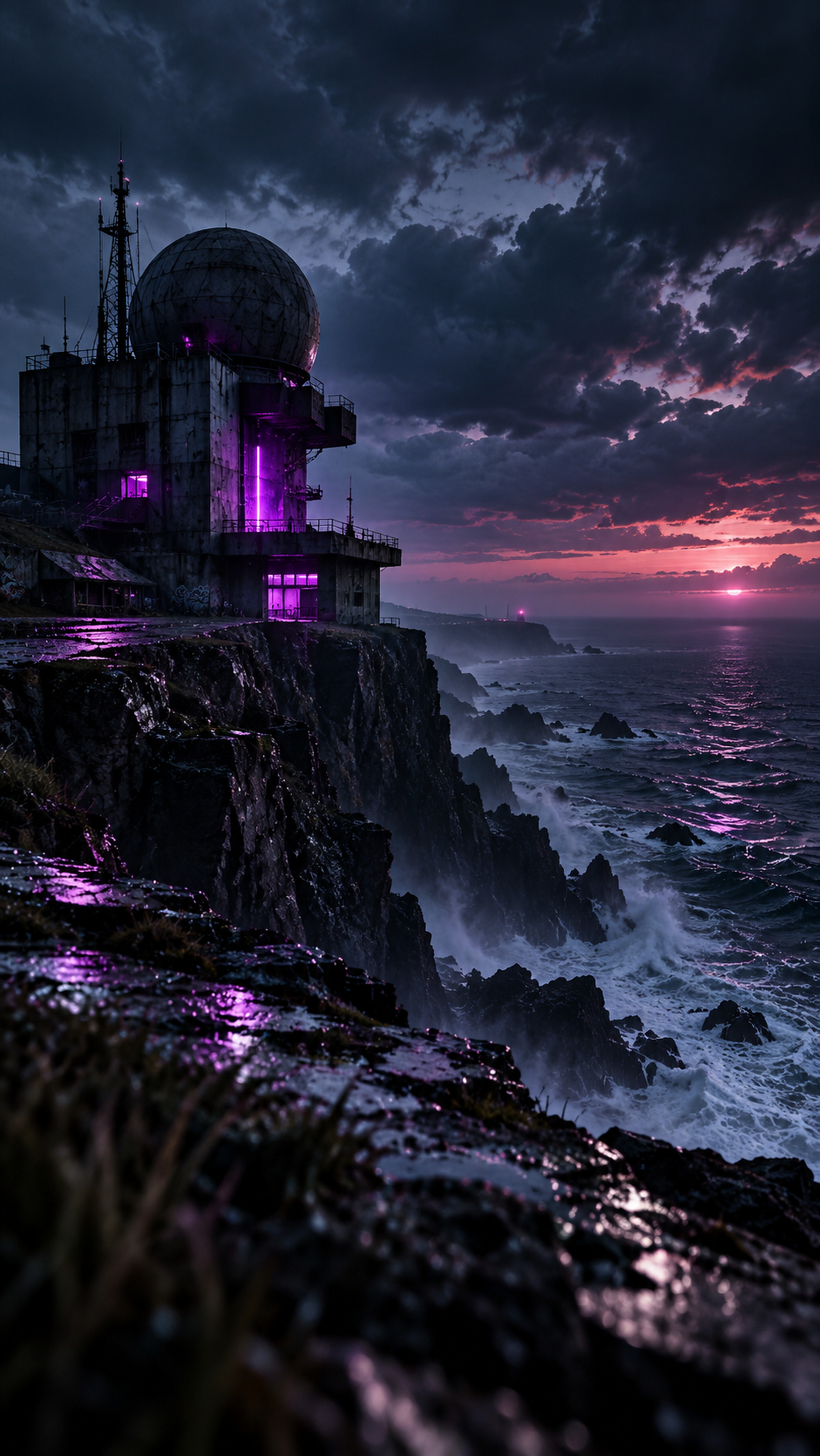 Abandoned coastal radar bunker glowing violet above a stormy sea, portrait artwork