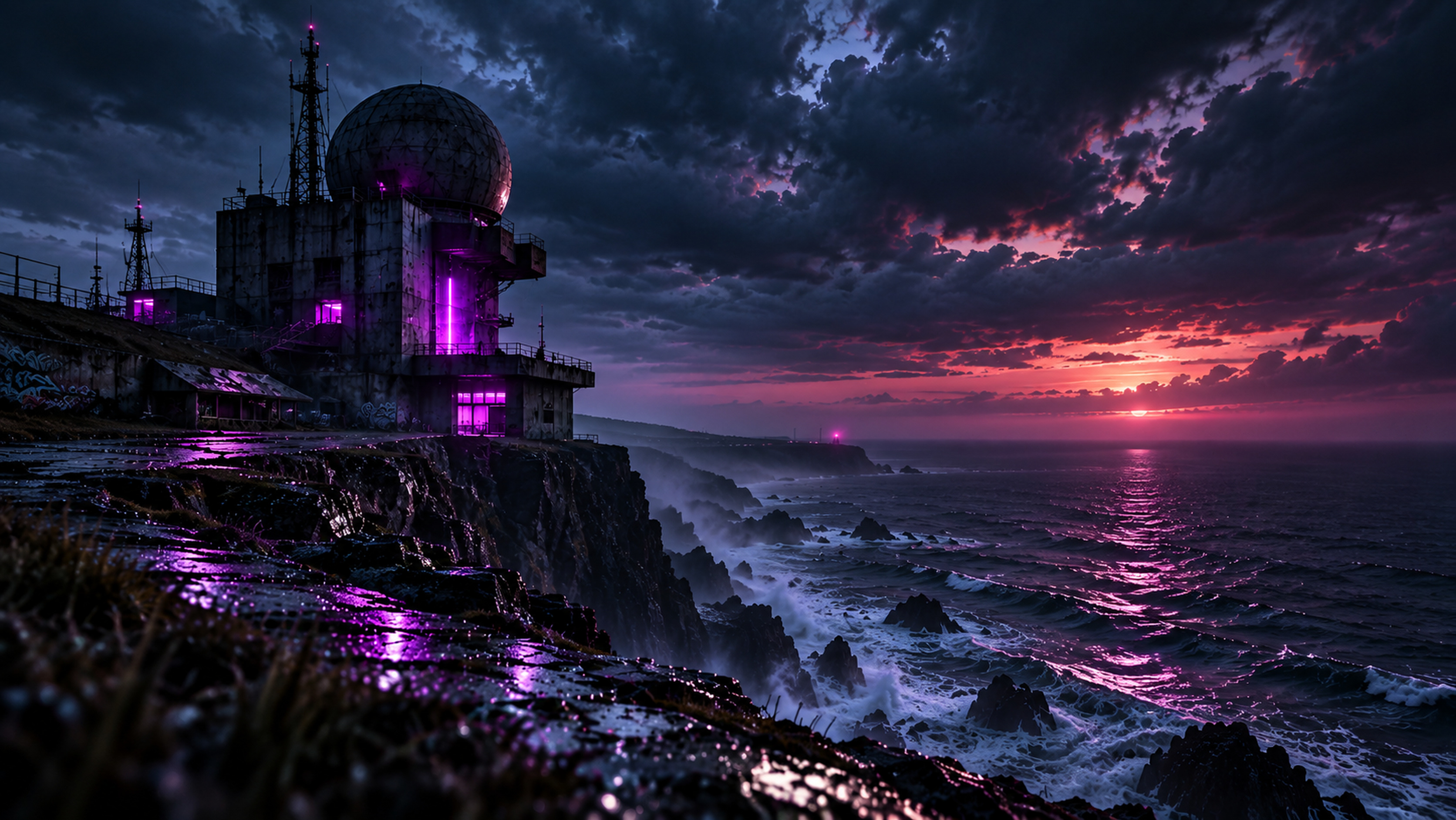 Abandoned coastal radar bunker glowing violet above a stormy sea, widescreen artwork
